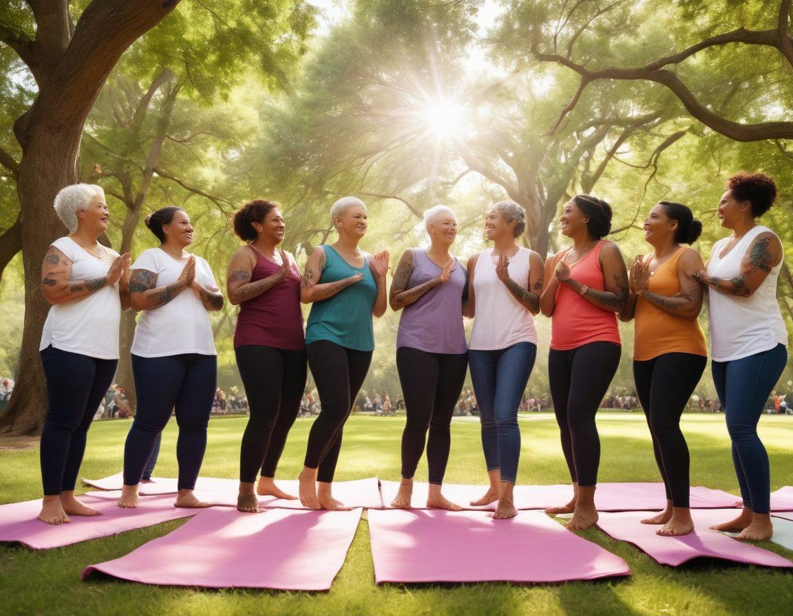 A heartwarming scene depicting a diverse group of cancer survivors sharing joyful moments in a park, surrounded by lush greenery and supportive friends. Emphasize symbols of resilience like butterfly tattoos and yoga mats, showcasing lifestyle changes. Include elements of community; people sharing food, laughter, and hugs. The background features bright sunlight filtering through trees, creating an uplifting atmosphere. vibrant colors. super-realistic.
