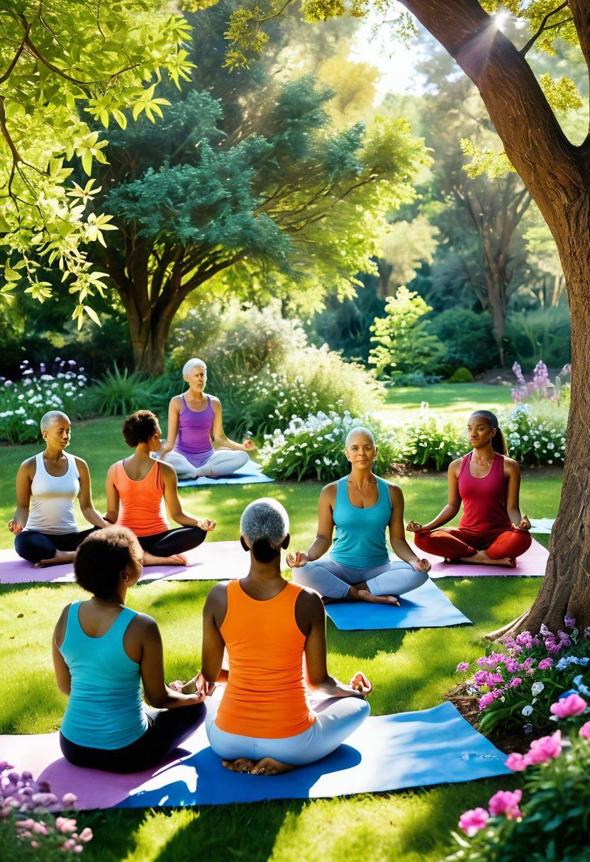 A serene scene depicting a diverse group of cancer survivors participating in a holistic therapy session in a nature-filled park. Vibrant elements include blooming flowers, soothing sunlight filtering through trees, and individuals engaged in yoga and meditation, symbolizing empowerment and community support. Emphasize unity and healing vibes through warm colors and gentle expressions. super-realistic. vibrant colors. peaceful background.