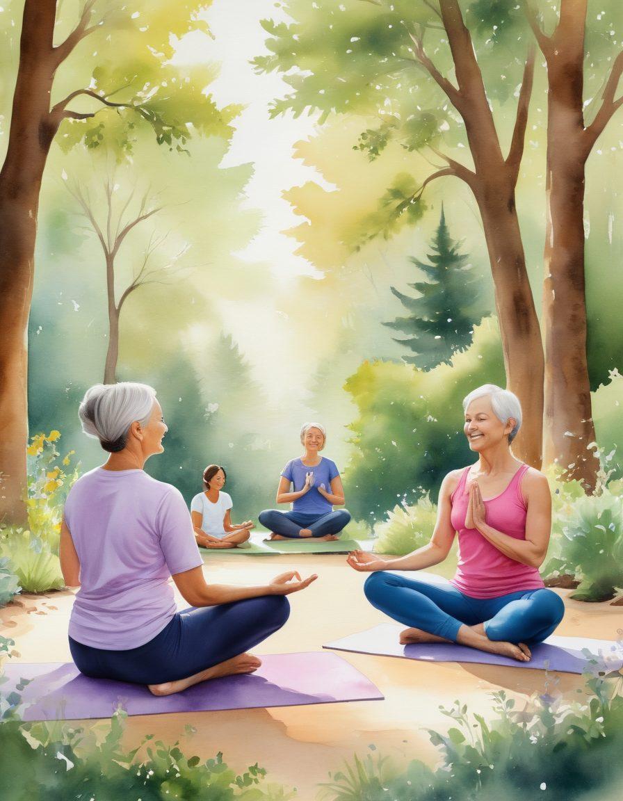 A serene healing environment featuring a diverse group of cancer survivors engaged in varied activities like yoga, gardening, and meditation. The background shows soft natural light filtering through trees, symbolizing hope and renewal. Include elements like herbal teas, supportive friends, and laughter to emphasize community and holistic healing. Emphasize a warm color palette to evoke feelings of comfort and positivity. watercolor art. vibrant colors.